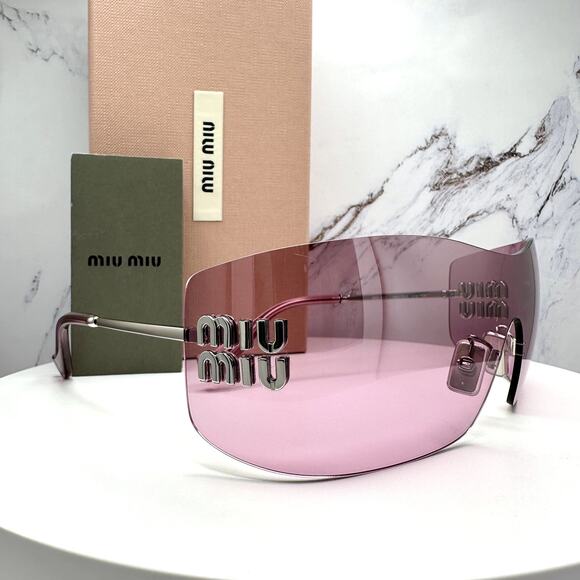 New MIU MIU Sunglasses Aube Silver Pink Mirror Rimless Wrap Authentic Womens
